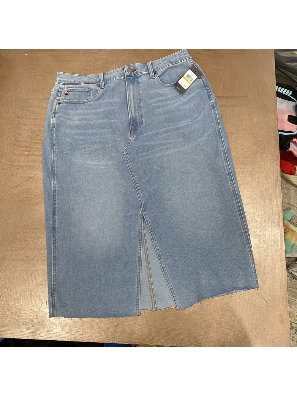 Tommy Hilfiger Denim Midi Skirt Light Blue Size 14 Raw Hem